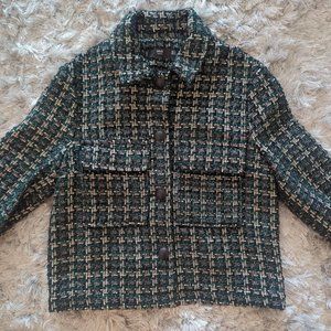 Mango Tweed Metallic Green Jacket Blazer Small